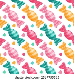 A festive seamless pattern of colorful candies and hearts. For celebrations and special occasions. Endless texture. Vector illustration.