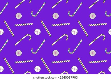 Festive seamless pattern with colorful candy canes and round peppermint candies, perfect for Christmas and New Years designs.