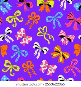 Festive Seamless Pattern with colorful decorative Bows. Vibrant celebratory background with tied ribbons and knots. Hair accessory, gift packaging hand drawn slat style. Vector illustration