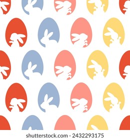 Festive seamless pattern of colorful Easter eggs with cut out bunnies