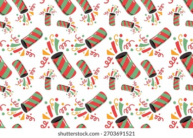 Patrón festivo sin fisuras con petardos coloridos. Dibujado a mano. Decoración de Nuevo año para Anuncios, Fondos de pantalla, tarjetas y embalajes.