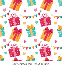 A festive seamless pattern of colorful gift boxes,flags and hearts. For celebrations and special occasions. Endless texture. Vector illustration.