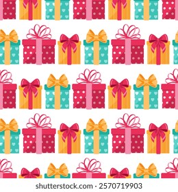 A festive seamless pattern of colorful gift boxes. For celebrations and special occasions. Endless texture. Vector illustration.