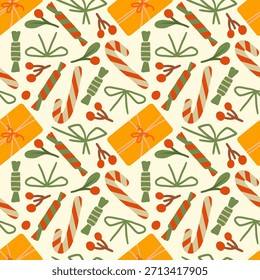 Festive seamless pattern of colorful gift boxes and wrapped candies. Perfect for holiday or birthday backgrounds. Vector illustration.