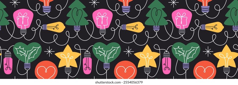 Festive seamless pattern with colorful light bulbs in fun shapes like stars, hearts, and trees. Perfect for Christmas, holidays, party decor and wrapping paper. Cartoon vector graphics