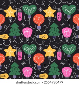 Festive seamless pattern with colorful light bulbs in fun shapes like stars, hearts, and trees. Perfect for Christmas, holidays, party decor and wrapping paper. Cartoon vector graphics