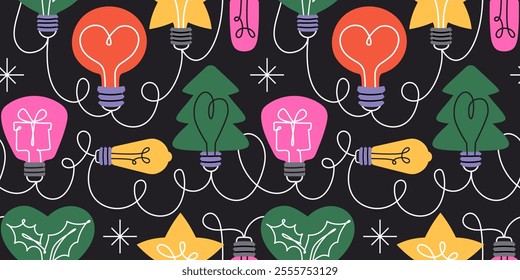 Festive seamless pattern with colorful light bulbs in fun shapes like stars, hearts, and trees. Perfect for Christmas, holidays, party decor and wrapping paper. Cartoon vector graphics