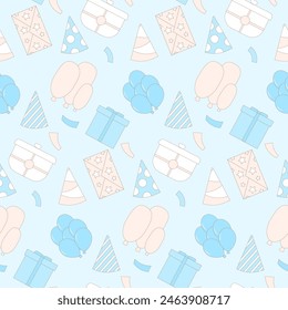 Festive seamless pattern with colorful party hats, balloons and gift boxes. Birthday pastel repeat background. Anniversary joyful celebration mood endless packaging cover. Vector flat illustration.