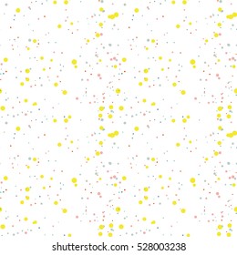 Festive seamless pattern with colorful round paint splatters. Messy overlay circles on white background. Dotted texture. Chaotic grunge dot. Geometric wrapping paper. Vector illustration.