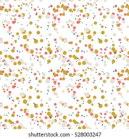 Festive seamless pattern with colorful round paint splatters. Messy overlay circles on white background. Dotted texture. Chaotic grunge dot. Geometric wrapping paper. Vector illustration.