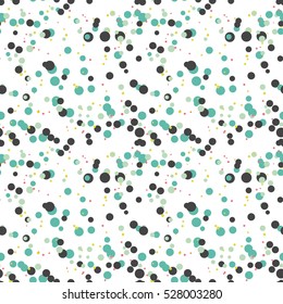 Festive seamless pattern with colorful round paint splatters. Messy overlay circles on white background. Dotted texture. Chaotic grunge dot. Geometric wrapping paper. Vector illustration.