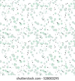 Festive seamless pattern with colorful round paint splatters. Messy overlay circles on white background. Dotted texture. Chaotic grunge dot. Geometric wrapping paper. Vector illustration.
