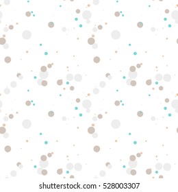 Festive seamless pattern with colorful round paint splatters. Messy overlay circles on white background. Dotted texture. Chaotic grunge dot. Geometric wrapping paper. Vector illustration.