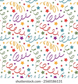 Festive seamless pattern with confetti for birthday. Holiday Repeating background, vector illustration for gift paper, greeting card, decoration.