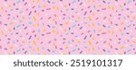 Festive seamless pattern with confetti or sprinkles for donuts. Repeating background, vector illustration for holiday, birthday, gift paper, decoration.