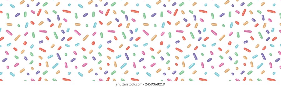 Festive seamless pattern with confetti or sprinkles for donuts. Repeating background, vector illustration for holiday, birthday, gift paper, decoration.