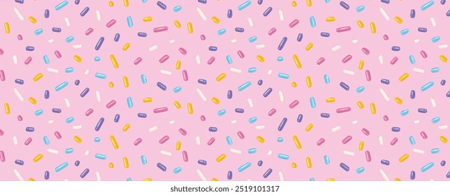 Padrão festivo sem emenda com confete ou polvilhos para rosquinhas. Fundo repetitivo, ilustração vetorial para feriado, aniversário, papel de presente, decoração.