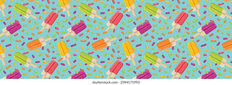 Festive seamless pattern with confetti or sprinkles and fruit ice creams. Repeating background, vector illustration for holiday, birthday, gift paper, decoration.