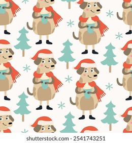 Festive seamless pattern with cute dog wearing Santa hat, hot drink and little Christmas trees. Perfect for holiday Xmas wrapping paper and textiles