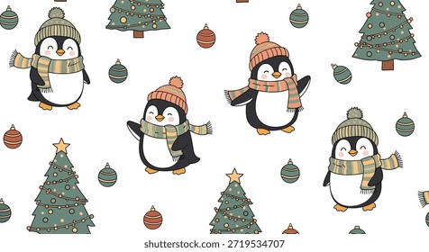Patrón festivo sin fisuras con lindos pingüinos en equipo de invierno rodeado de árboles de Navidad y adornos.