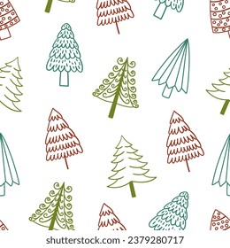 Festive Seamless Pattern With Cute Whimsical Doodle Christmas Trees, Perfect For Adding Holiday Cheer To Decorations, Cards, Festive Wallpaper, Wrapping or Textile Designs. Cartoon Vector Illustration