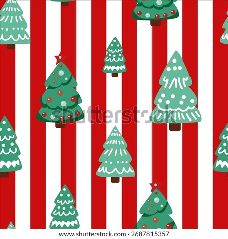 Festive seamless pattern with decorated Christmas trees on red and white stripes. Perfect for wrapping paper, textiles, greeting cards, and cheerful winter holiday designs