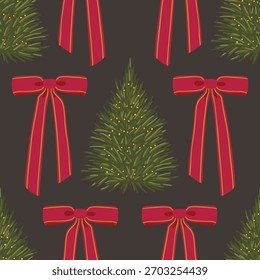 Festive seamless pattern of decorative Christmas trees and classic red bows on a dark background. Elegant, traditional, and warm for holiday fabric and packaging design