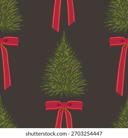 Festive seamless pattern of decorative Christmas trees and classic red bows on a dark background. Elegant, traditional, and warm for holiday fabric and packaging design