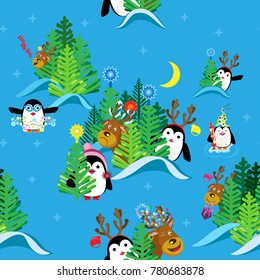 Festive seamless pattern. Deer and penguins have fun in the woods