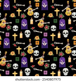 Festive seamless pattern for Dia de los Muertos with painted skulls, skeleton hands, roses, candles, and marigold flowers on a black background