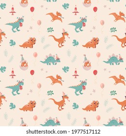 Festive seamless pattern with dinosaurs. Velocepator, triceraptor, stegosaurus, Pteranodon, and baby who just hatched from an egg. Balloons, cakes, foliage, stars. Cheerful vector background for child