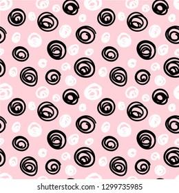 Festive seamless pattern with doodle circles, dots. Messy dotted texture.  Geometric wrapping paper. Vector illustration. 