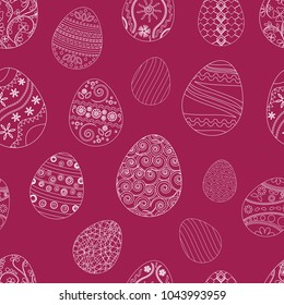 Festive seamless pattern with Easter eggs, white ornaments on burgundy background. Vector illustration
