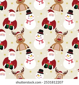 Festive seamless pattern features cute christmas cartoon characters, Santa Claus, snowman, and reindeer. Perfect for holiday wrapping paper, decorations, greeting cards, and festive designs.
