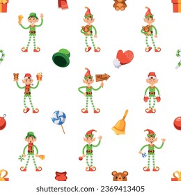 Festive Seamless Pattern Featuring Adorable Cartoon Christmas Elves, Spreading Holiday Cheer With Their Joyful Antics