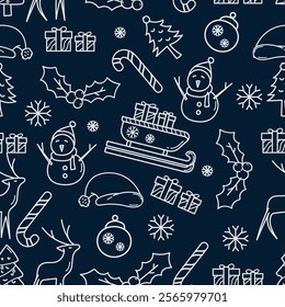 A festive seamless pattern featuring a blue Christmas theme with hand-drawn doodle elements. Perfect for holiday designs, gift wrapping, and seasonal decorations.