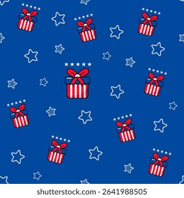 Festive seamless pattern featuring cartoon-style gift boxes in red, white, and blue stripes, American flag. Perfect for 4th of July design, Independence Day wrapping paper, USA celebration.