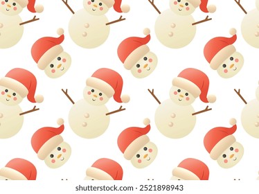 Festive seamless pattern featuring cheerful snowmen wearing Santa hats. Perfect for Christmas wrapping paper, holiday backgrounds, textiles, or seasonal decorations