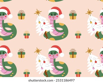 Festive seamless pattern featuring a cheerful snake in a Santa hat holding a decorated Christmas tree, along with colorful gift boxes. Perfect for holiday wrapping paper, backgrounds.