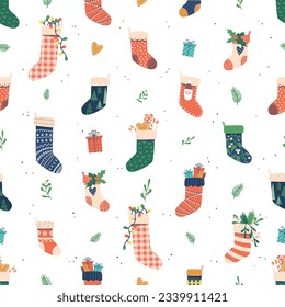 Festive Seamless Pattern Featuring Christmas Socks Filled With Gifts In Vibrant Colors, Cartoon Vector Illustration