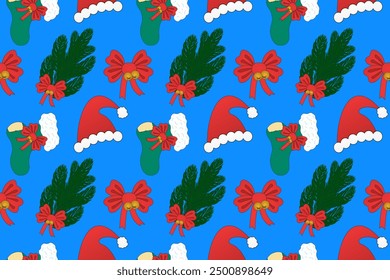 Festive seamless pattern featuring Christmas stockings, Santa hats, and decorative bows. Perfect for holiday-themed designs, wrapping paper, and crafts.