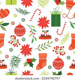 Festive seamless pattern featuring Christmas elements such as holly leaves, candy canes, Christmas stocking and ornaments in vibrant holiday colors. Perfect for seasonal designs, gift wrap, textiles.