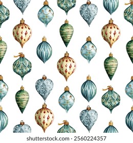 Festive seamless pattern featuring Christmas ornaments in red, blue, and white with intricate designs. Perfect for holiday decorations, gift wrapping, and seasonal crafts.