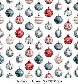 Festive seamless pattern featuring Christmas ornaments in red, blue, and white with intricate designs. Perfect for holiday decorations, gift wrapping, and seasonal crafts.