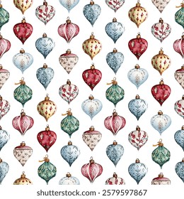 Festive seamless pattern featuring Christmas ornaments in red, blue, and white with intricate designs. Perfect for holiday decorations, gift wrapping, and seasonal crafts.