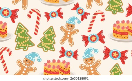 Festive seamless pattern featuring Christmas treats like cakes, gingerbread, candies, and candy canes in flat style. Perfect for holiday packaging, textiles, and wrapping paper.