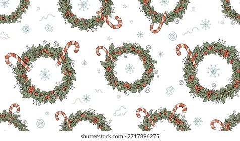 Festive seamless pattern featuring christmas evergreen wreaths with red berries and striped candy canes on white background.
