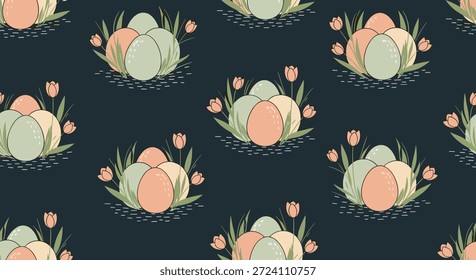 Padrão contínuo festivo com ovos de páscoa coloridos e tulipas florescentes em um fundo escuro da marinha.
