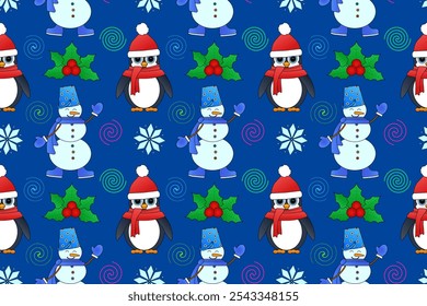 Festive seamless pattern featuring cute penguins, snowmen, holly leaves, and snowflakes. Perfect for holiday wrapping paper, decor, and textiles.