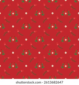 Festive seamless pattern featuring floral designs and berries on a vibrant red background, perfect for holiday-themed designs and decorations, evoking feelings of warmth, joy, and the Christmas spirit